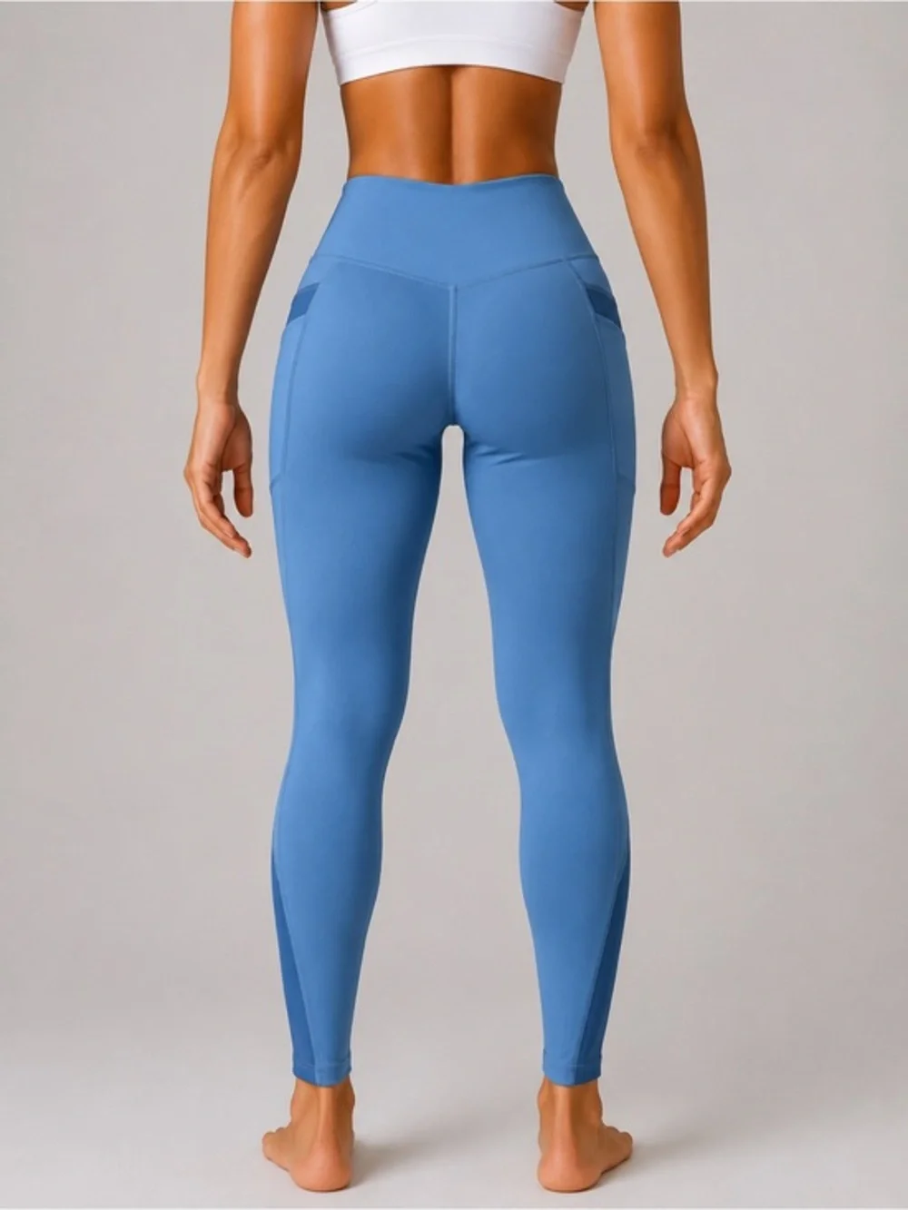 High-Waist Blue Performance Leggings with Pockets